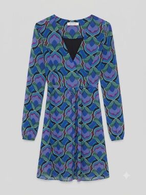 Promod Retro Floral-Pattern Long Sleeve Dress in Blue and Green